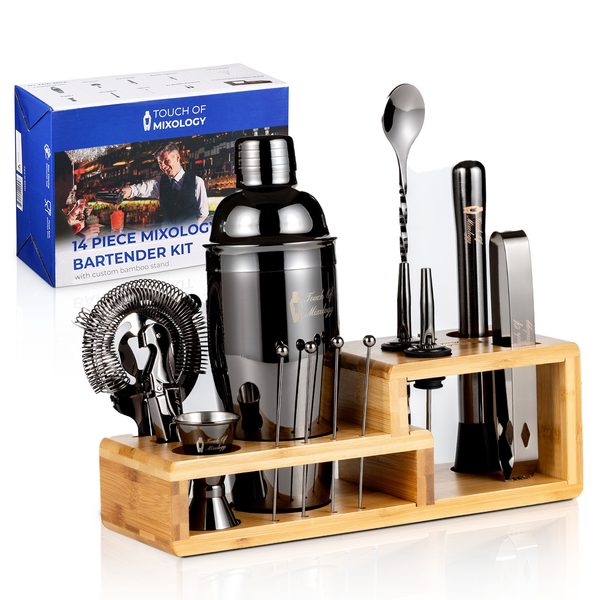 Touch of Mixology 14 Piece Stainless Steel Bartender Kit Includes Cocktail Shaker (Dark Metallic)