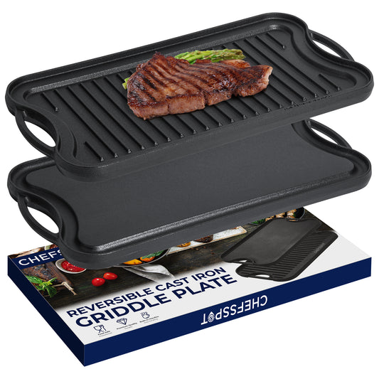 CHEFSPOT  Preseasoned Cast Iron Reversible Griddle Plate Pan - Even Heat Distribution - Works on Oven, Stove, Grill, and Fire