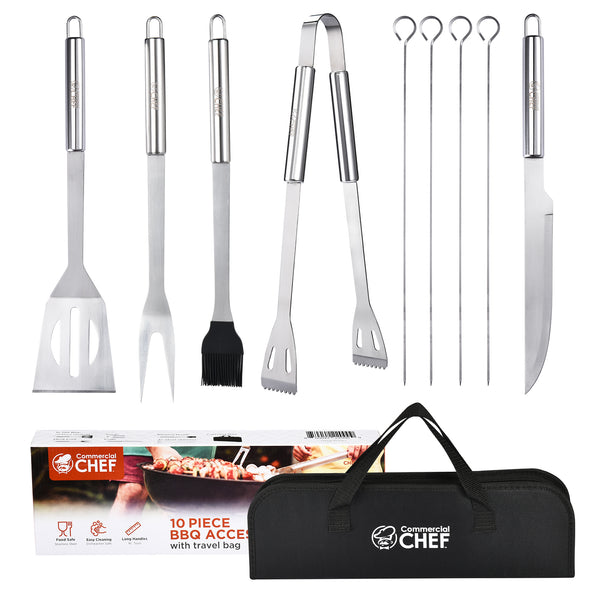 Commercial Chef 10 Piece Stainless Steel Barbeque Grill Accessories Tool Set with Carry Case