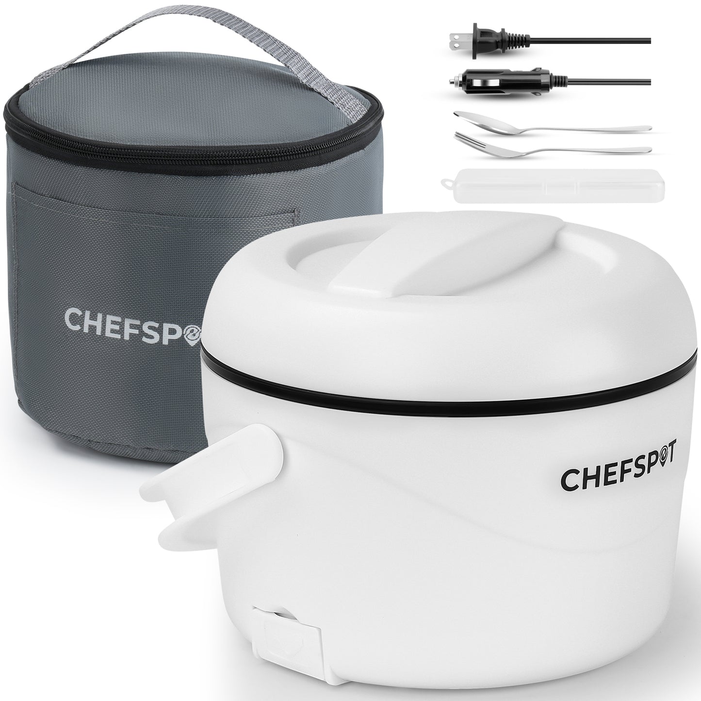 CHEFSPOT 37oz Portable Food Warmer for Car, Office & Travel, Leak-Proof Heated Container with Dual Power Cords, Stainless Steel Interior, Utensils & Bag Included