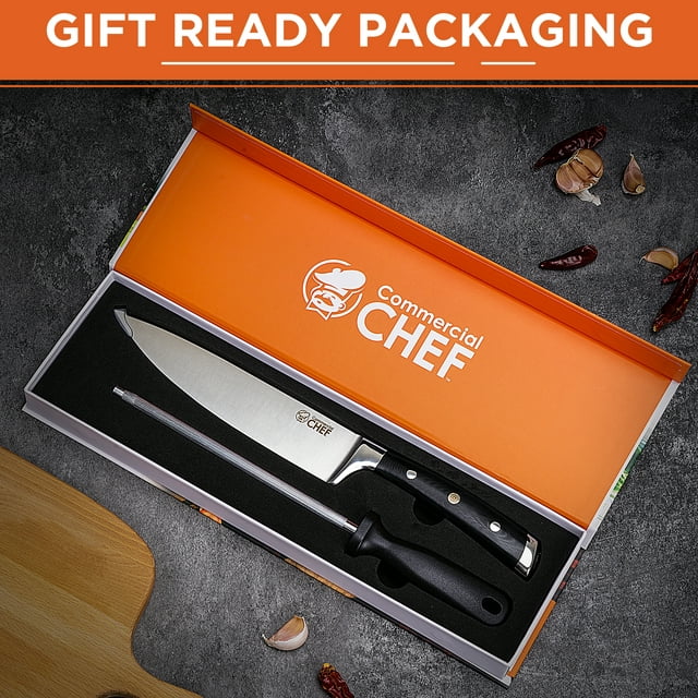 Commercial Chef Pro Chef Knife 8 inch Blade with Triple Rivet Ergonomic G10 Handle with Knife Sharpener - 7Cr17Mov High Carbon Stainless Steel Forged Chef's Knife Razor Sharp Full Tang Sharp Japanese