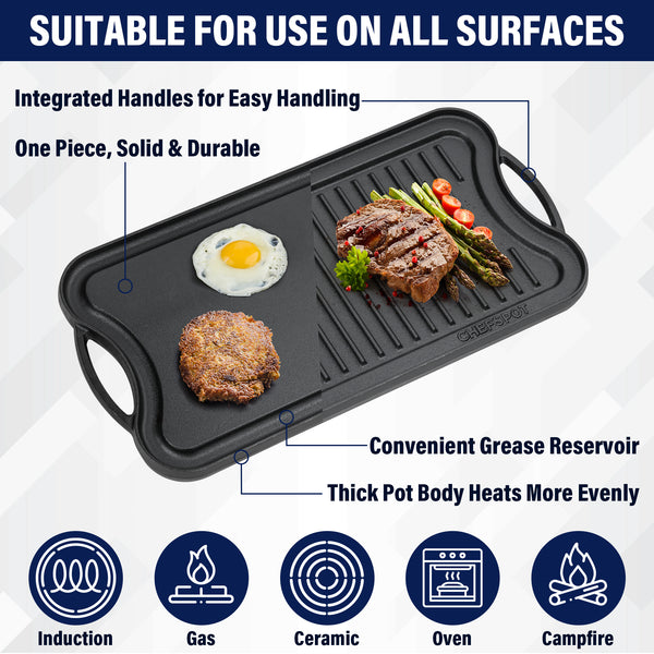 CHEFSSPOT  Preseasoned Cast Iron Reversible Griddle Plate Pan - Even Heat Distribution - Works on Oven, Stove, Grill, and Fire