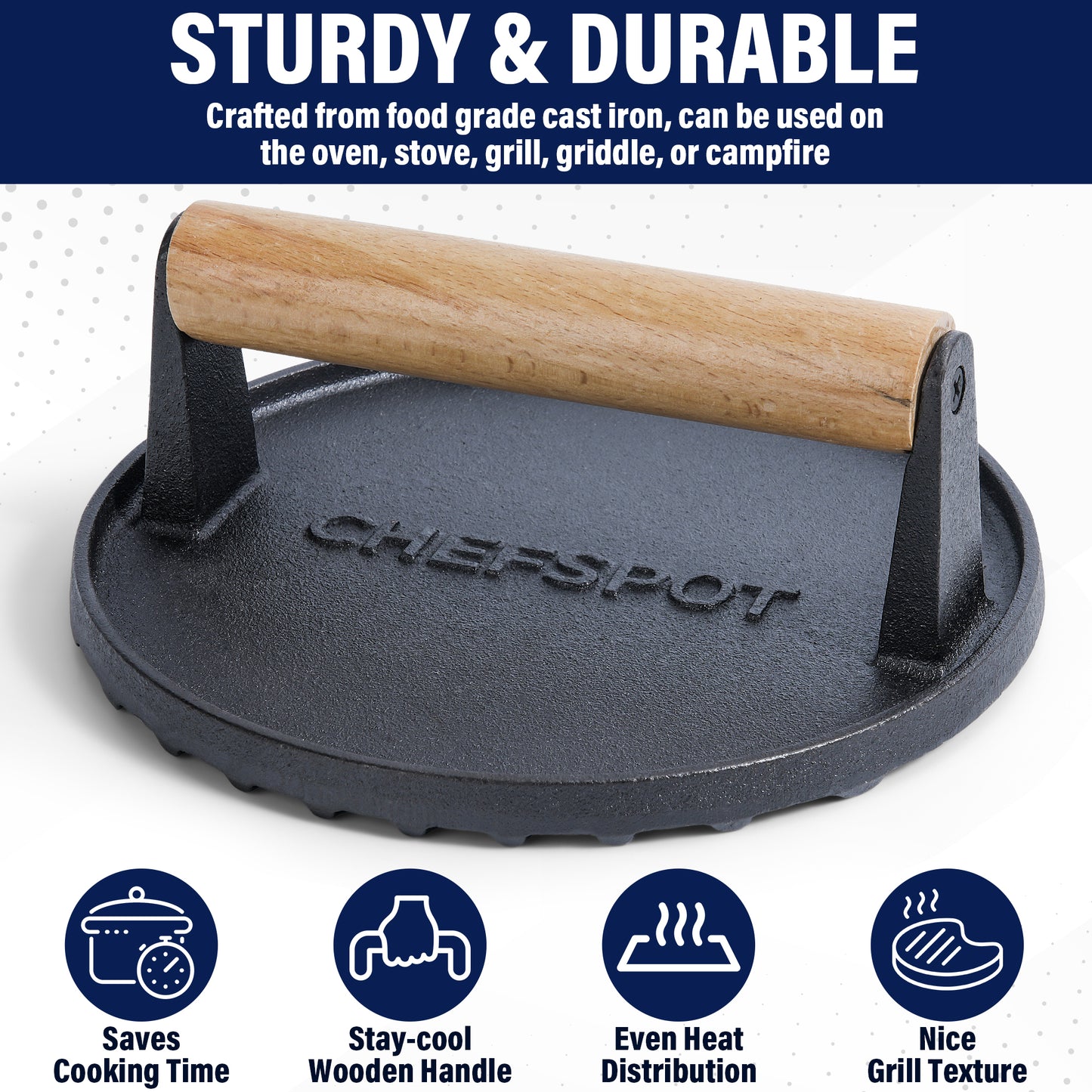 CHEFSPOT Preseasoned Cast Iron Round Burger Press - Rigged Surface - Great for Smash Burgers, Bacon, Steaks and Grill Marks