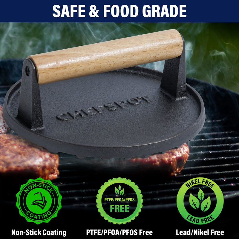 CHEFSSPOT Preseasoned Cast Iron Round Burger Press - Rigged Surface - Great for Smash Burgers, Bacon, Steaks and Grill Marks