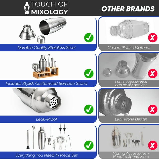 Touch of Mixology 14 Piece Stainless Steel Bartender Tools Kit Includes Cocktail Shaker - Wedding Registry