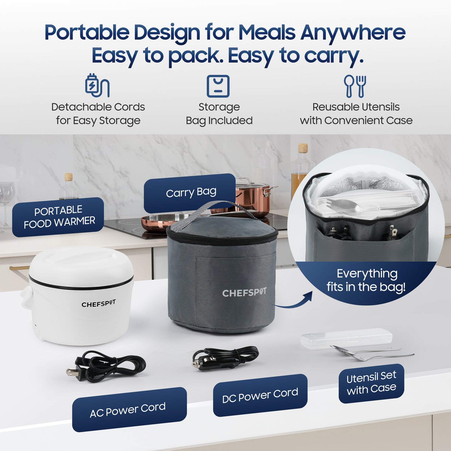 CHEFSPOT 37oz Portable Food Warmer for Car, Office & Travel, Leak-Proof Heated Container with Dual Power Cords, Stainless Steel Interior, Utensils & Bag Included