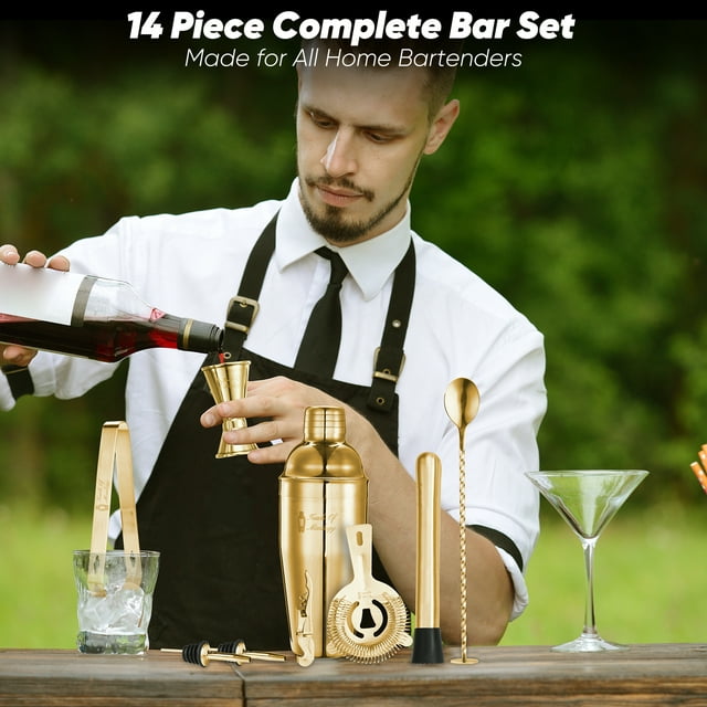 Touch of Mixology 14 Piece Stainless Steel Bartender Kit Includes Cocktail Shaker (Gold)