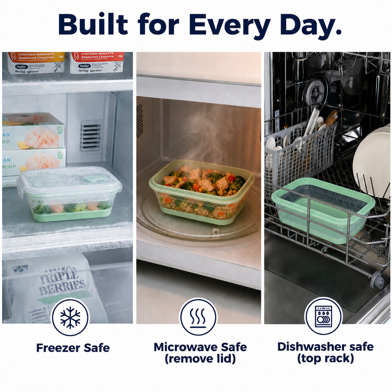 CHEFSPOT Collapsible Food Storage Containers 5-Pack, Rectangle 27 oz Stackable Silicone Meal Prep Set, Leak-Proof
