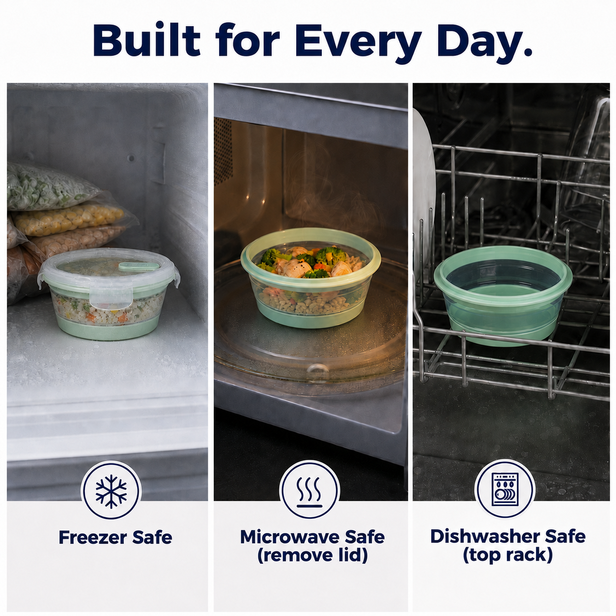 CHEFSPOT Collapsible Food Storage Containers 3-Pack, Round 13.5/27/33.8 oz Silicone Bowl Set, Leak-Proof