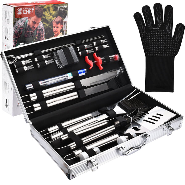 Commercial Chef 25 Piece Stainless Steel Barbeque Grill Accessories Tool Set with Aluminum Hard Case