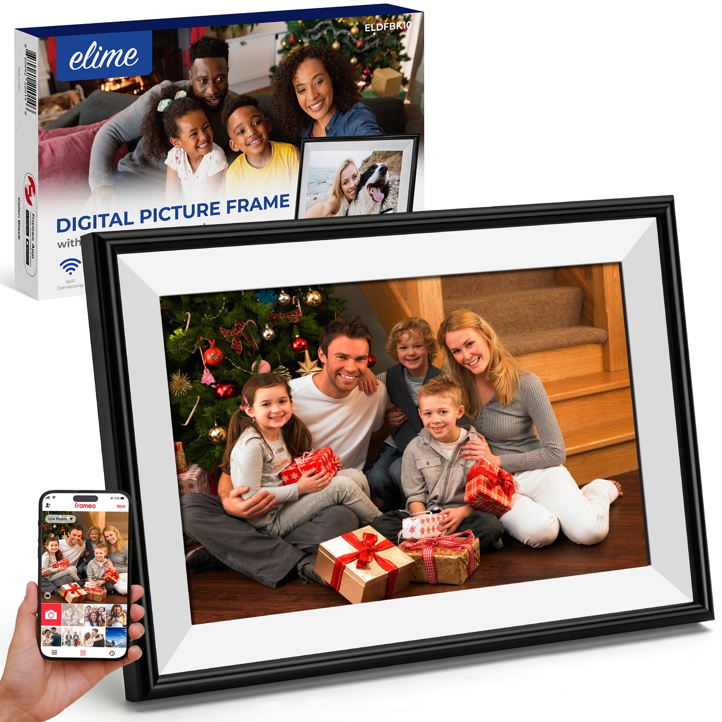 ELIME 10.1 inch WiFi Frameo Digital Picture Frame - 16GB Storage, 1280x800 IPS Touch Screen, MicroSD Expandable (Midnight Black)