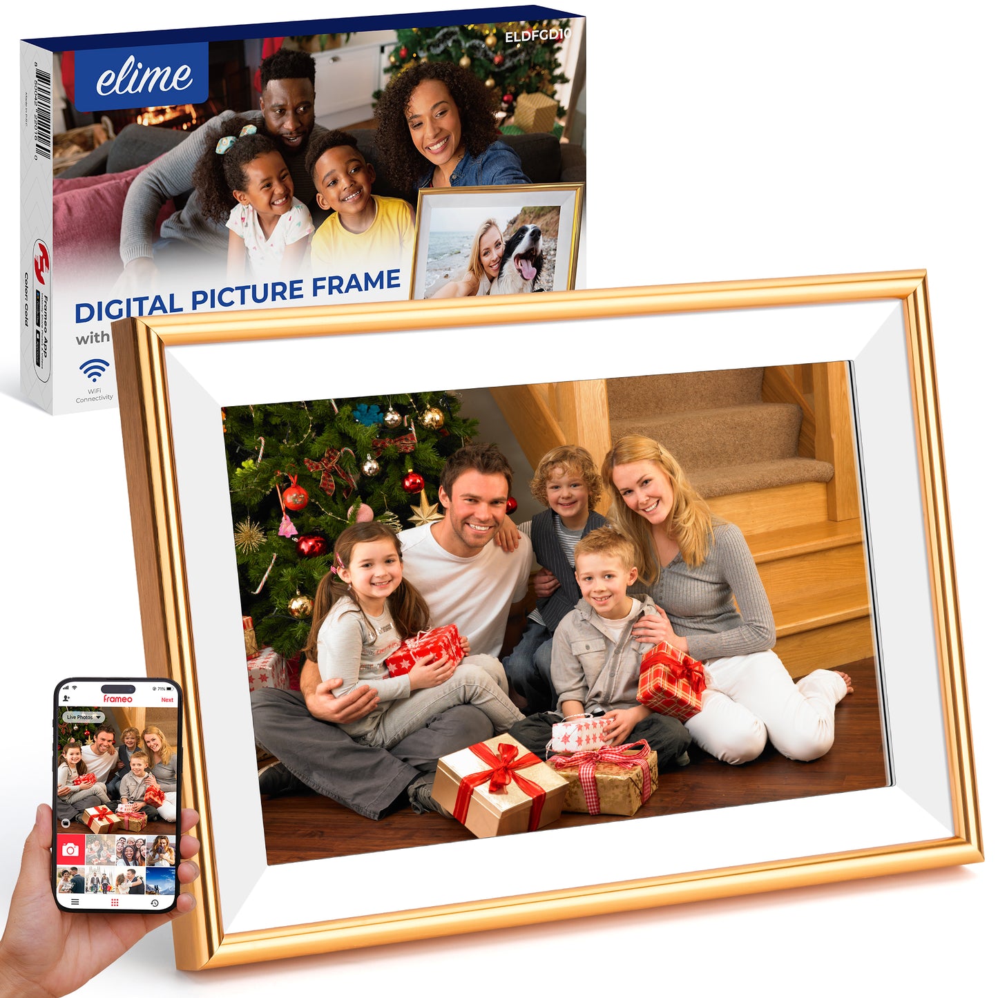 ELIME 10.1 inch WiFi Frameo Digital Picture Frame - 16GB Storage, 1280x800 IPS Touch Screen, MicroSD Expandable (Champagne Gold)