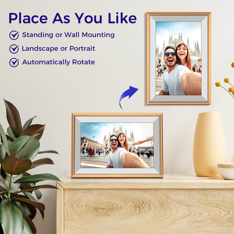 ELIME 10.1 inch WiFi Frameo Digital Picture Frame - 16GB Storage, 1280x800 IPS Touch Screen, MicroSD Expandable (Champagne Gold)