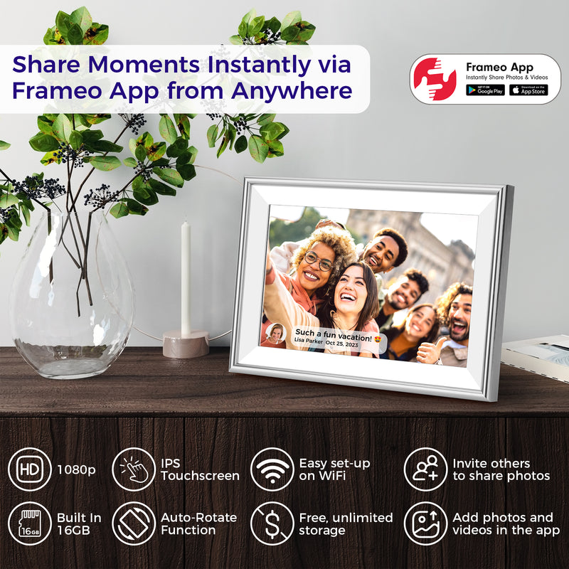 ELIME 10.1 inch WiFi Frameo Digital Picture Frame - 16GB Storage, 1280x800 IPS Touch Screen, MicroSD Expandable (Platinum Silver)