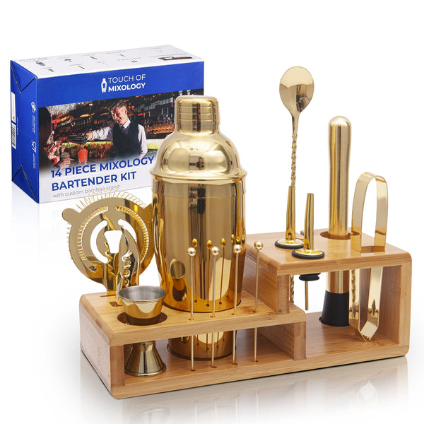 Touch of Mixology 14 Piece Stainless Steel Bartender Kit Includes Cocktail Shaker (Gold)