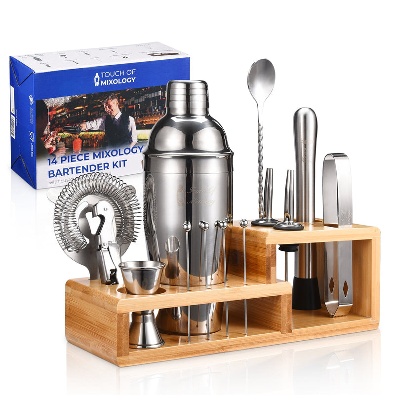 Touch of Mixology 14 Piece Stainless Steel Bartender Tools Kit Includes Cocktail Shaker - Wedding Registry