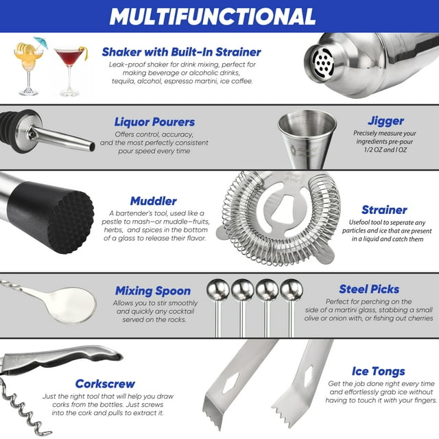 Touch of Mixology 14 Piece Stainless Steel Bartender Tools Kit Includes Cocktail Shaker - Wedding Registry