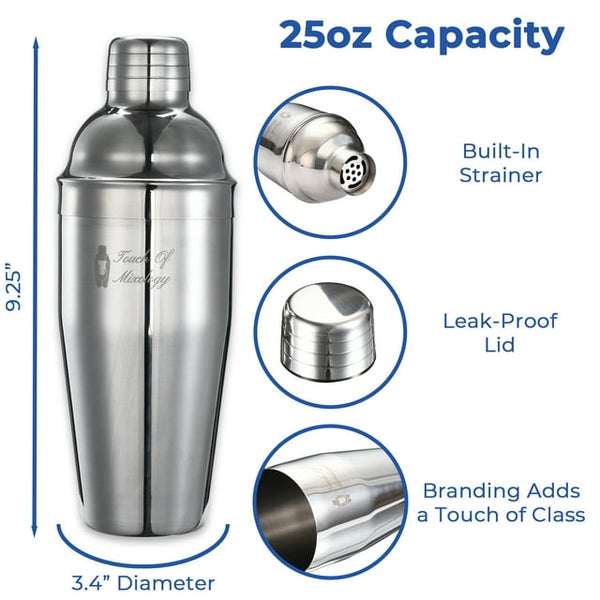 Touch of Mixology Stainless Steel 25OZ (750ML) Cocktail Shaker with Built-in Strainer