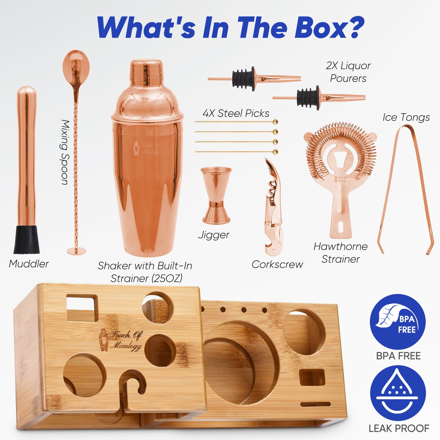 Touch of Mixology 14 Piece Stainless Steel Bartender Kit Includes Cocktail Shaker (Rose Gold)