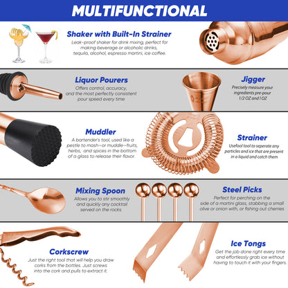 Touch of Mixology 14 Piece Stainless Steel Bartender Kit Includes Cocktail Shaker (Rose Gold)