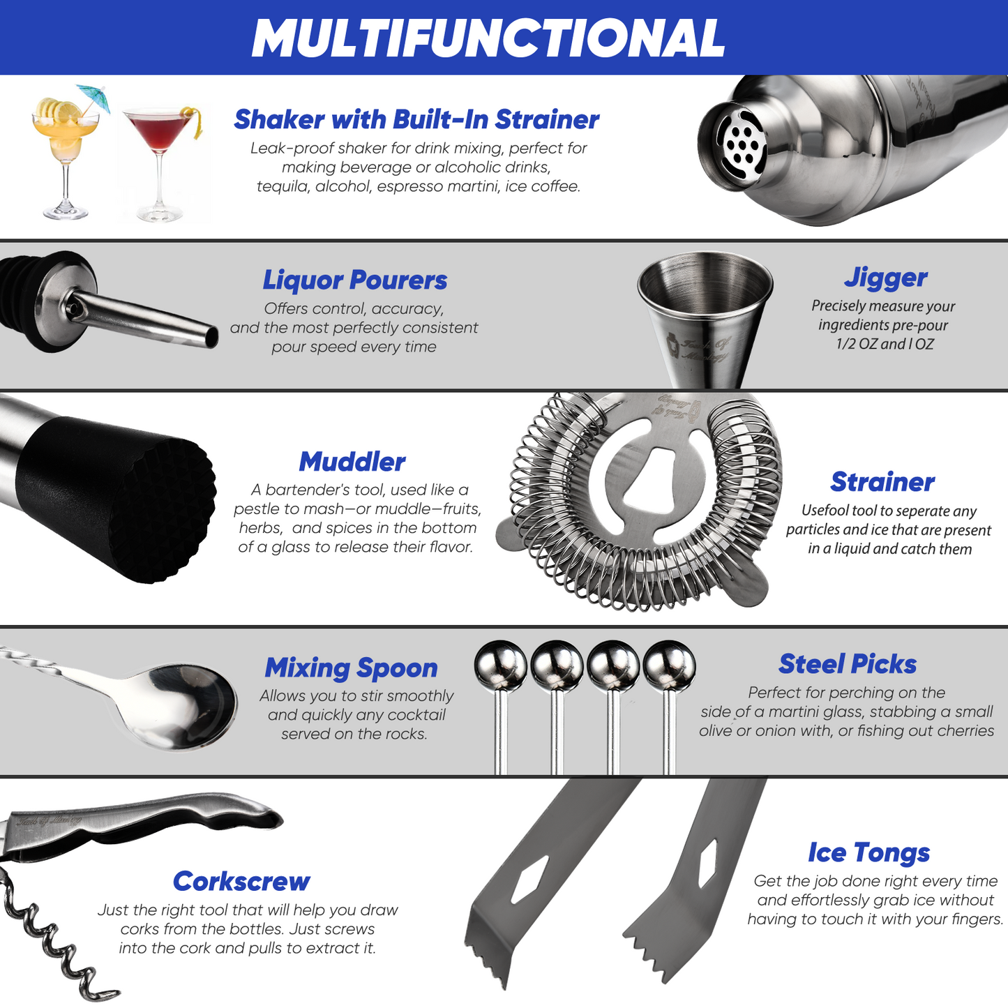 Touch of Mixology 14 Piece Stainless Steel Bartender Kit Includes Cocktail Shaker (Dark Metallic)