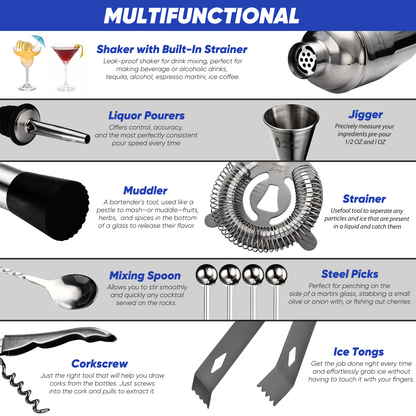 Touch of Mixology 14 Piece Stainless Steel Bartender Kit Includes Cocktail Shaker (Dark Metallic)