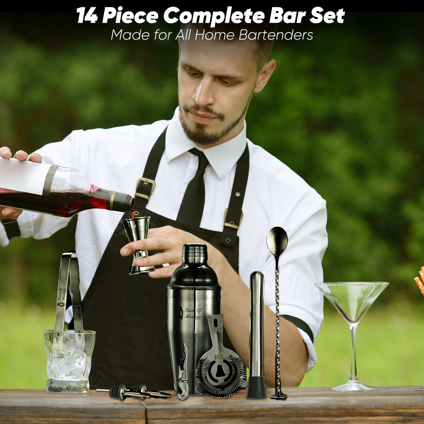 Touch of Mixology 14 Piece Stainless Steel Bartender Kit Includes Cocktail Shaker (Dark Metallic)