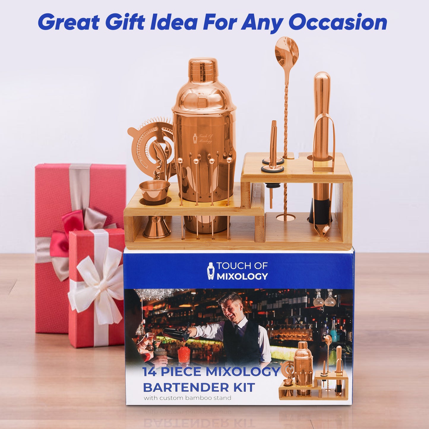 Touch of Mixology 14 Piece Stainless Steel Bartender Kit Includes Cocktail Shaker (Rose Gold)