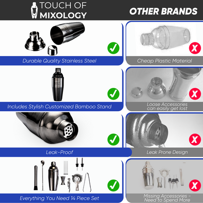 Touch of Mixology 14 Piece Stainless Steel Bartender Kit Includes Cocktail Shaker (Dark Metallic)