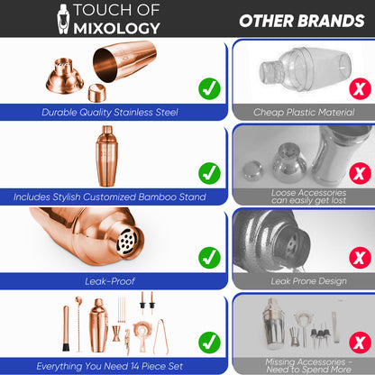 Touch of Mixology 14 Piece Stainless Steel Bartender Kit Includes Cocktail Shaker (Rose Gold)