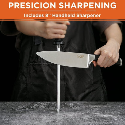 Commercial Chef Pro Chef Knife 8 inch Blade with Triple Rivet Ergonomic G10 Handle with Knife Sharpener - 7Cr17Mov High Carbon Stainless Steel Forged Chef's Knife Razor Sharp Full Tang Sharp Japanese