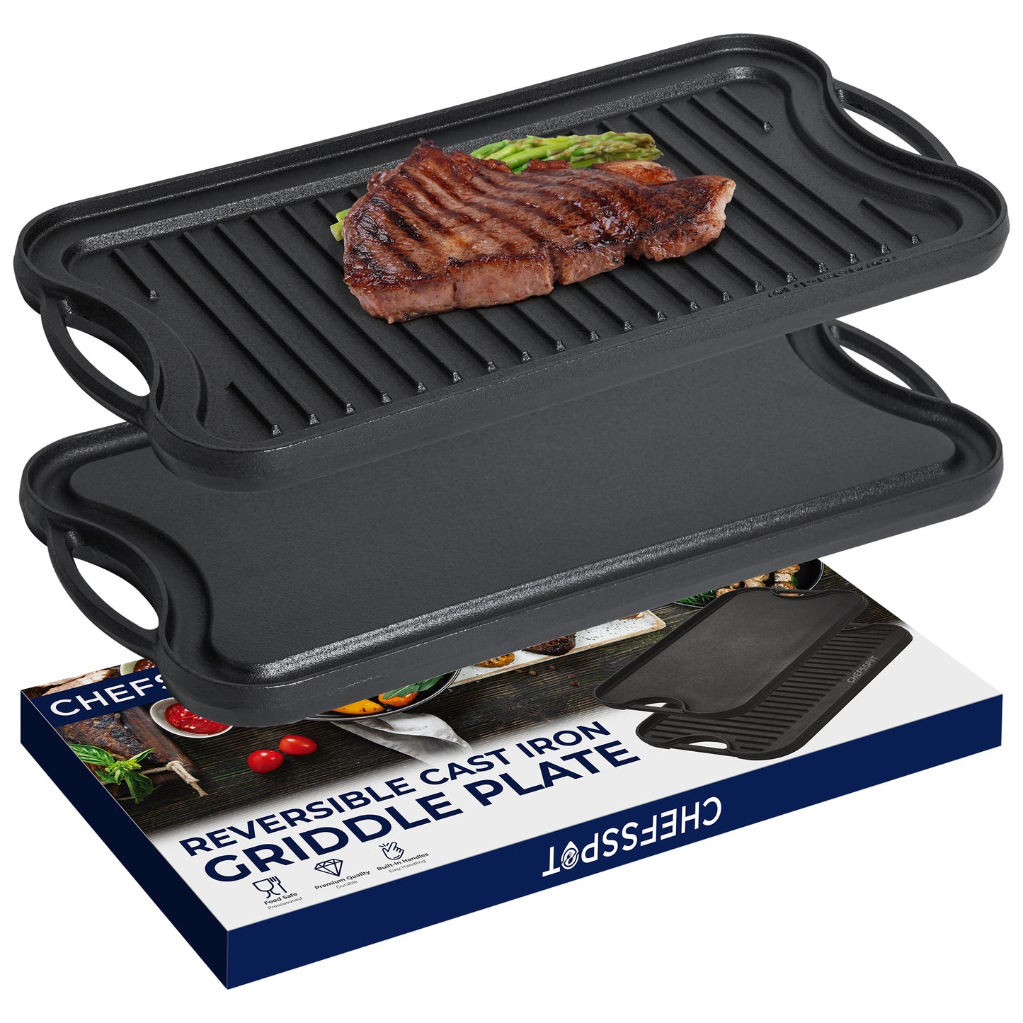CHEFSPOT  Preseasoned Cast Iron Reversible Griddle Plate Pan - Even Heat Distribution - Works on Oven, Stove, Grill, and Fire