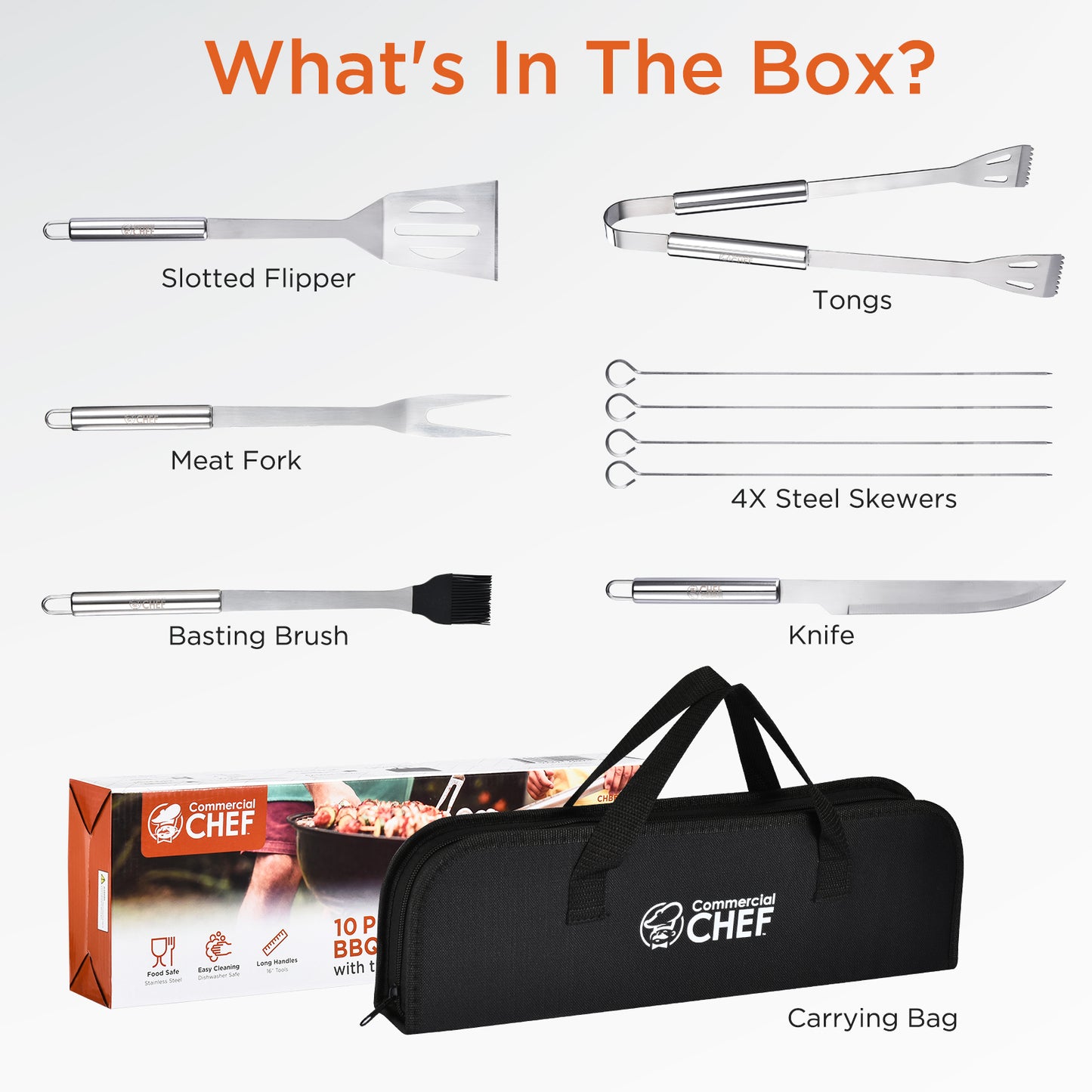 Commercial Chef 10 Piece Stainless Steel Barbeque Grill Accessories Tool Set with Carry Case