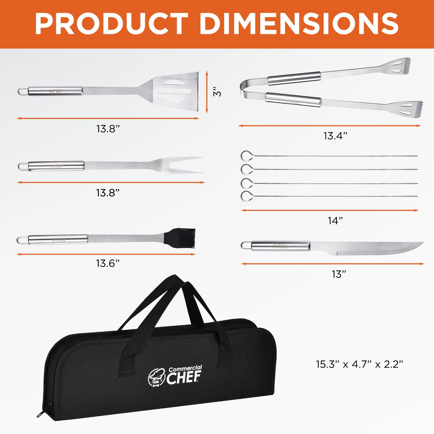 Commercial Chef 10 Piece Stainless Steel Barbeque Grill Accessories Tool Set with Carry Case