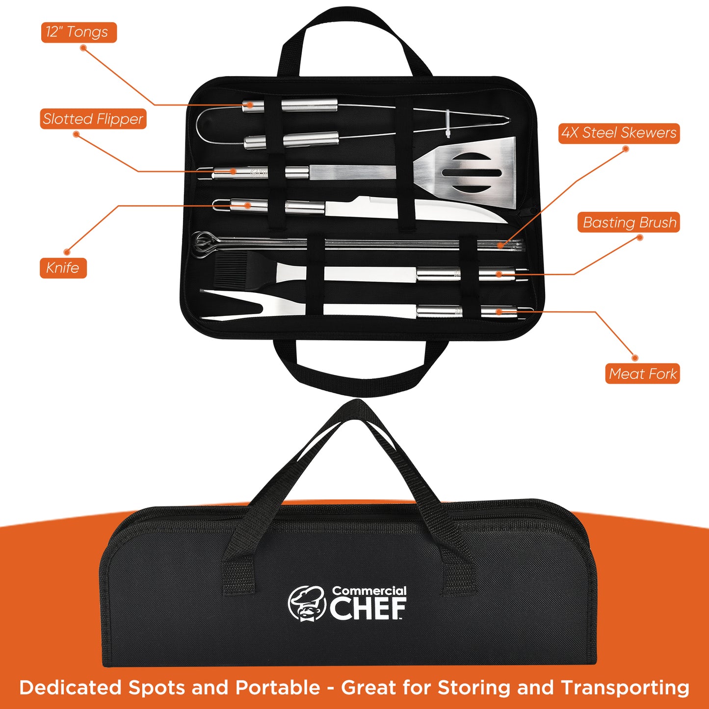 Commercial Chef 10 Piece Stainless Steel Barbeque Grill Accessories Tool Set with Carry Case