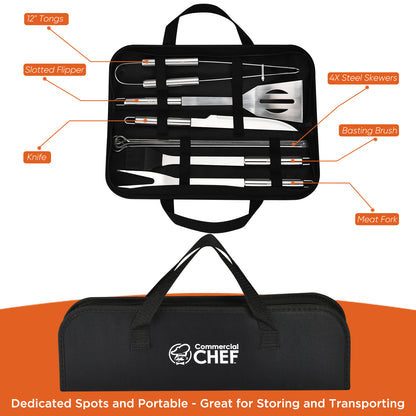 Commercial Chef 10 Piece Stainless Steel Barbeque Grill Accessories Tool Set with Carry Case