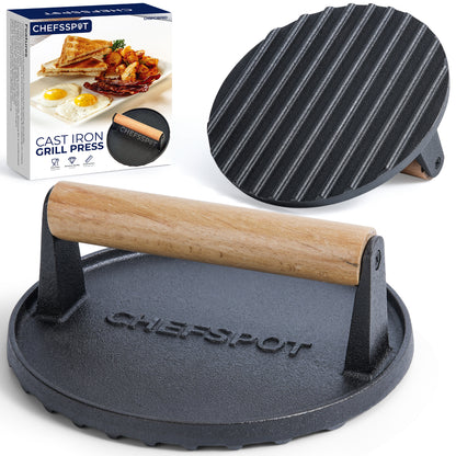 CHEFSPOT Preseasoned Cast Iron Round Burger Press - Rigged Surface - Great for Smash Burgers, Bacon, Steaks and Grill Marks