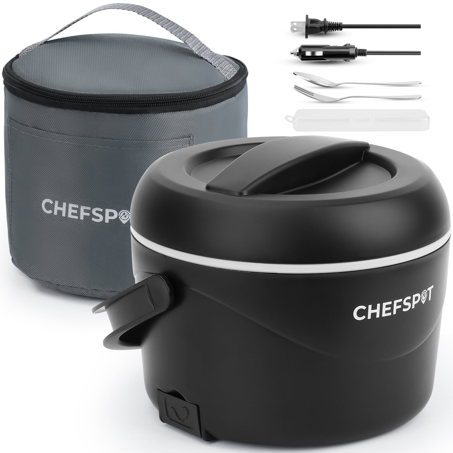 CHEFSPOT 37oz Portable Food Warmer for Car, Office & Travel, Leak-Proof Heated Container with Dual Power Cords, Stainless Steel Interior, Utensils & Bag Included