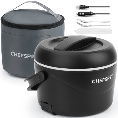 CHEFSPOT 37oz Portable Food Warmer for Car, Office & Travel, Leak-Proof Heated Container with Dual Power Cords, Stainless Steel Interior, Utensils & Bag Included