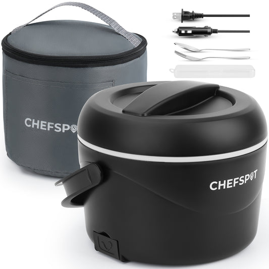 CHEFSPOT 37oz Portable Food Warmer for Car, Office & Travel, Leak-Proof Heated Container with Dual Power Cords, Stainless Steel Interior, Utensils & Bag Included