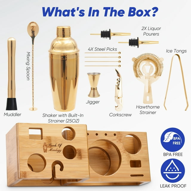 Touch of Mixology 14 Piece Stainless Steel Bartender Kit Includes Cocktail Shaker (Gold)