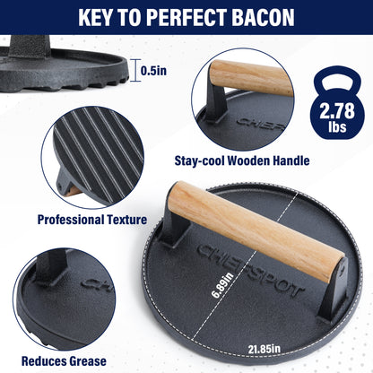 CHEFSPOT Preseasoned Cast Iron Round Burger Press - Rigged Surface - Great for Smash Burgers, Bacon, Steaks and Grill Marks