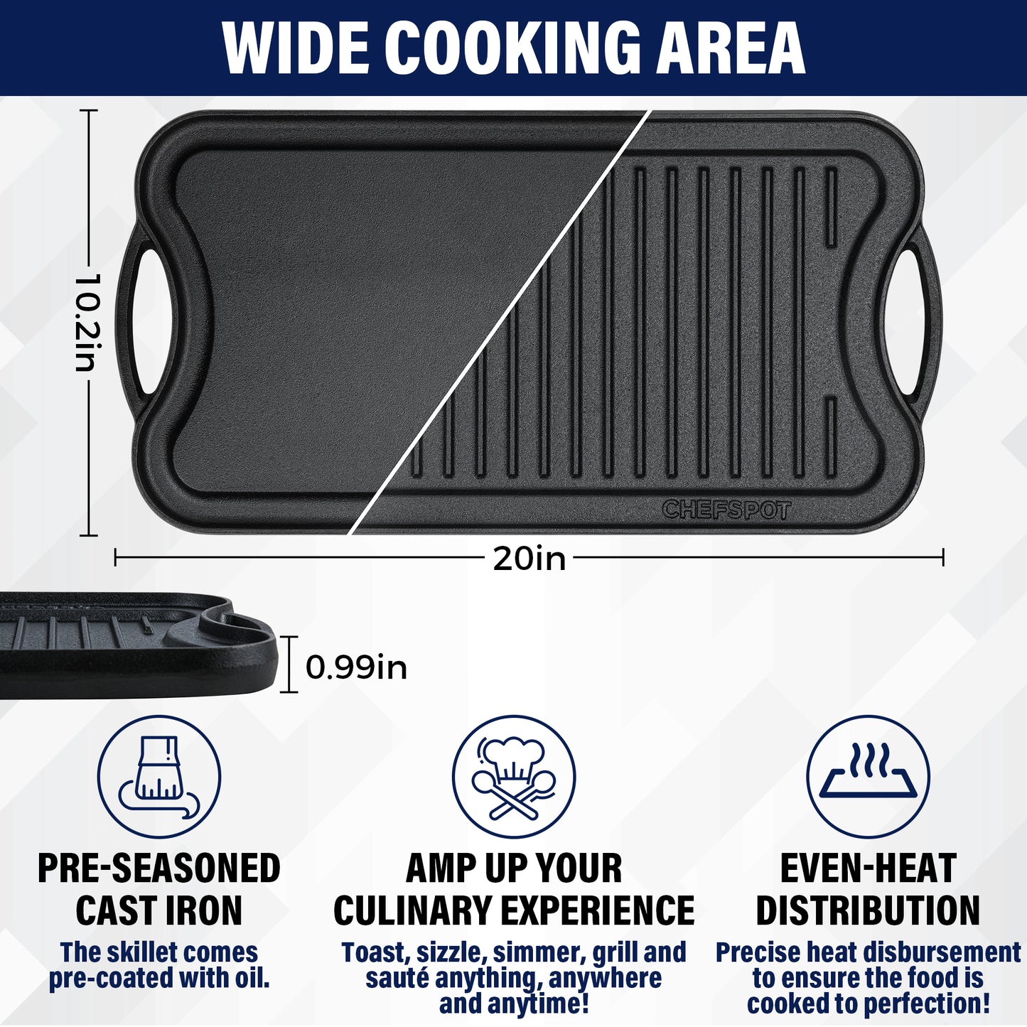 CHEFSPOT  Preseasoned Cast Iron Reversible Griddle Plate Pan - Even Heat Distribution - Works on Oven, Stove, Grill, and Fire