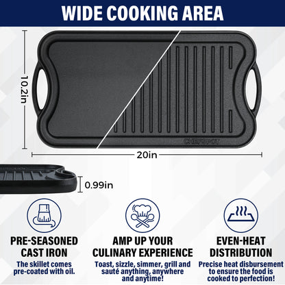 CHEFSPOT  Preseasoned Cast Iron Reversible Griddle Plate Pan - Even Heat Distribution - Works on Oven, Stove, Grill, and Fire