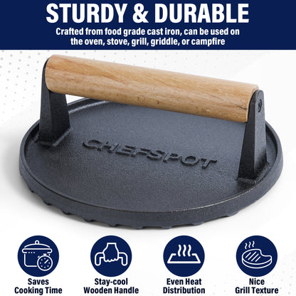 CHEFSPOT Preseasoned Cast Iron Round Burger Press - Rigged Surface - Great for Smash Burgers, Bacon, Steaks and Grill Marks