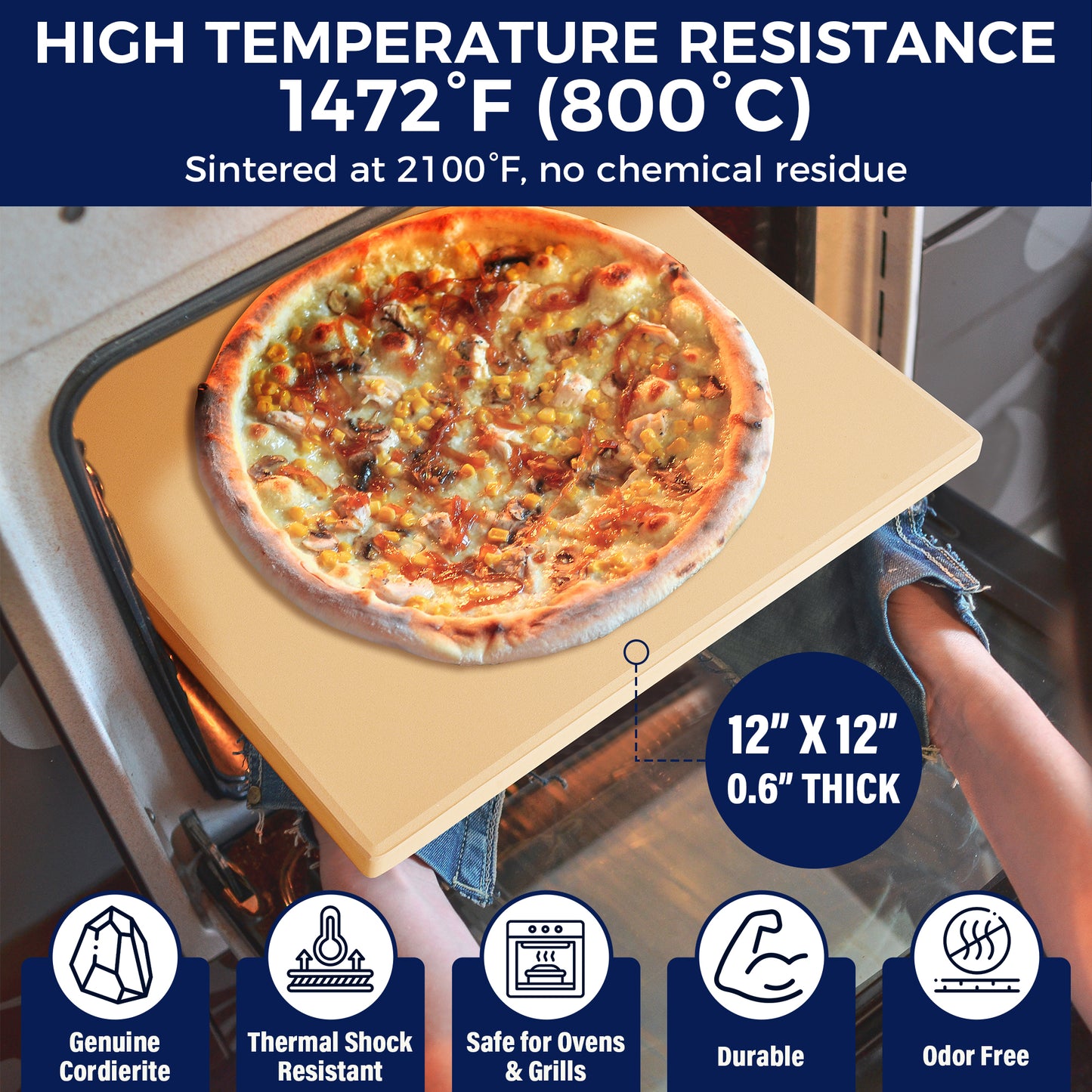 CHEFSPOT Cordierite Pizza Stone for Grill and Oven - 12 in. x 12 in. - 0.5 in. Thick