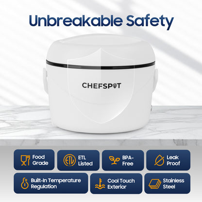 CHEFSPOT 37oz Portable Food Warmer for Car, Office & Travel, Leak-Proof Heated Container with Dual Power Cords, Stainless Steel Interior, Utensils & Bag Included