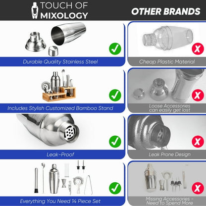 Touch of Mixology 14 Piece Stainless Steel Bartender Tools Kit Includes Cocktail Shaker - Wedding Registry