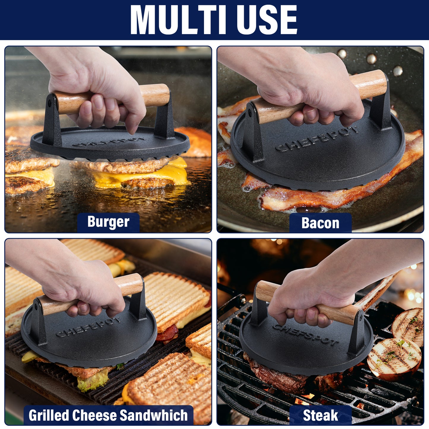 CHEFSPOT Preseasoned Cast Iron Round Burger Press - Rigged Surface - Great for Smash Burgers, Bacon, Steaks and Grill Marks