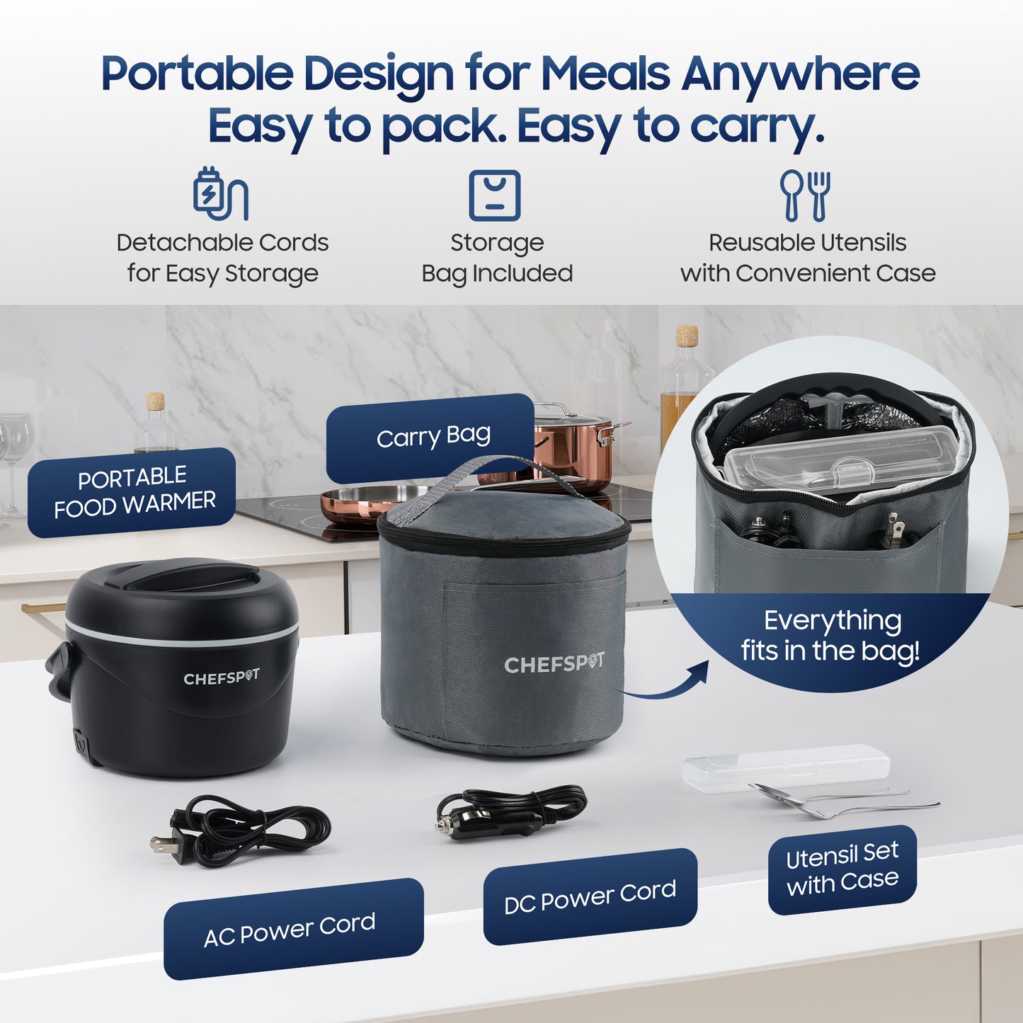 CHEFSPOT 37oz Portable Food Warmer for Car, Office & Travel, Leak-Proof Heated Container with Dual Power Cords, Stainless Steel Interior, Utensils & Bag Included